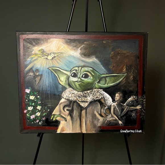 ⚜️ Acrylic painting “Baby Yoda and divine Grace”, Star Wars Din Grogu  Star Wars - Picture 3 of 6